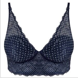 MAIDENFORM Convertible Wireless Bra Bralette Navy Blue Lace Polka Dots 36C NWT